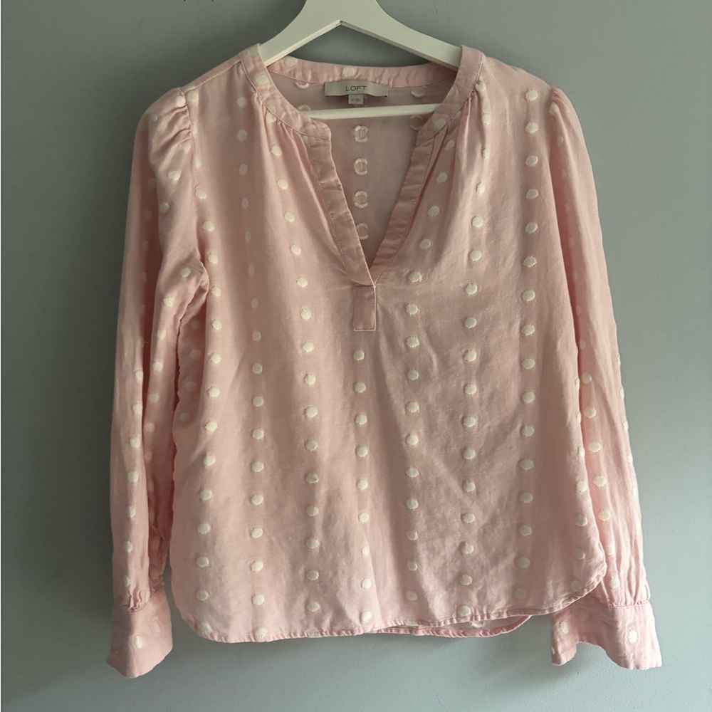 LOFT Pink Swiss Dot Blouse XS – Embroidered Dots, Long Sleeve, Feminine Top